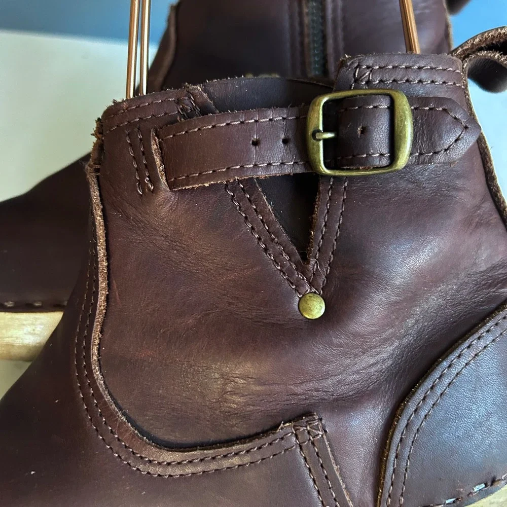 No 6 clog ankle boots size 8 / 38 brown Moto Leather Wood Heel Buckle Swedish - Picture 10 of 14